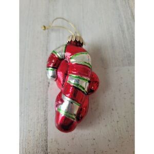 Candy cane bow red green stripe blown glass ornament Xmas decor